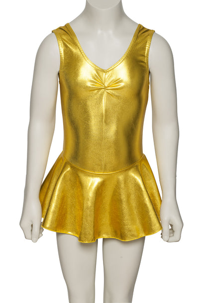 KDR005 Girls Shiny METALLIC Sleeveless Ruched Leotard & Attached Skirt