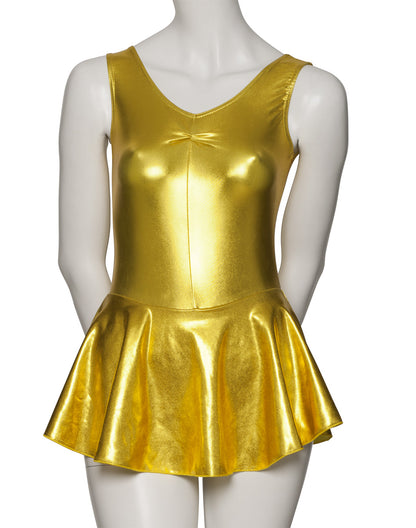 KDR005 Women's Shiny METALLIC All Colours Sleeveless Ruched Leotard & Attached Skirt