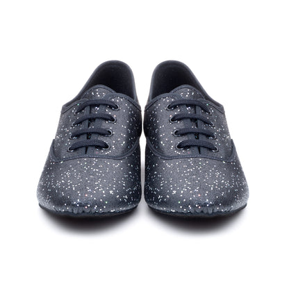 Black/Silver Hologram Low Heel Suede Sole Lace Up Practice Stage Ballroom Shoes