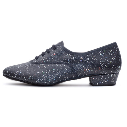 Black/Silver Hologram Low Heel Suede Sole Lace Up Practice Stage Ballroom Shoes