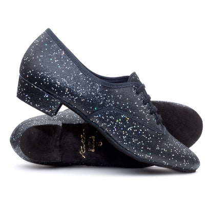 Black/Silver Hologram Low Heel Suede Sole Lace Up Practice Stage Ballroom Shoes