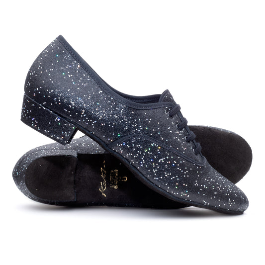 Black/Silver Hologram Low Heel Suede Sole Lace Up Practice Stage Ballroom Shoes
