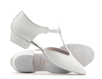 White Leather Greek Dance Sandals Teaching Shoes Low Heel