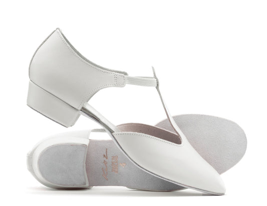 White Leather Greek Dance Sandals Teaching Shoes Low Heel