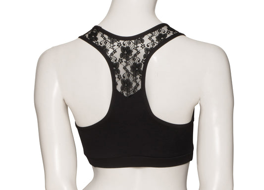 KCTTF-5 All Sizes Black Matt Lycra Tactel Lace Straps Racer Back Dance Crop Top