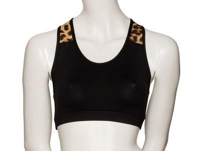 KCTTP-5 Girls Black Tactel Racer Back Dance Crop Top With Animal Print Straps