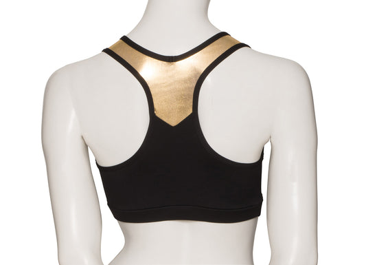 KCTTME-5 Girls Black Tactel Racer Back Dance Crop Top With Metallic Straps