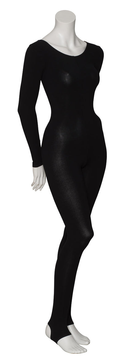KDC059 Ladies Girls Black Cotton Long Sleeve Catsuit With Stirrups