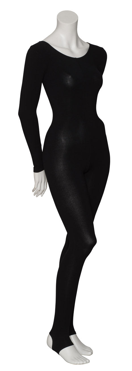 KDC059 Ladies Girls Black Cotton Long Sleeve Catsuit With Stirrups