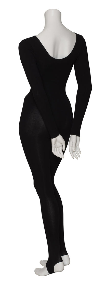 KDC059 Ladies Girls Black Cotton Long Sleeve Catsuit With Stirrups