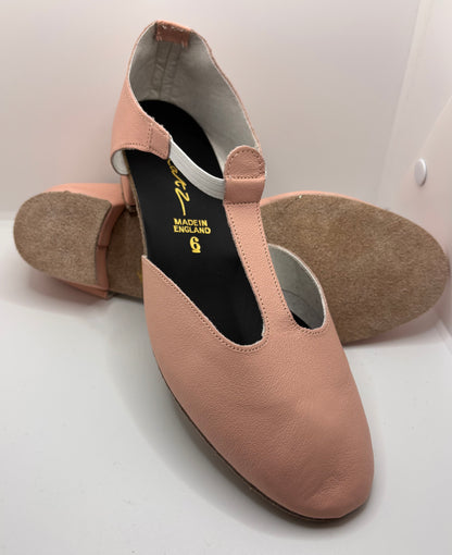 European Pink Leather Greek Dance Sandals Teaching Shoes Low Heel