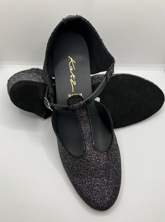 Black Multi Glitter Greek Dance Sandals Teaching Shoes Cuban Heel With Pu Strap