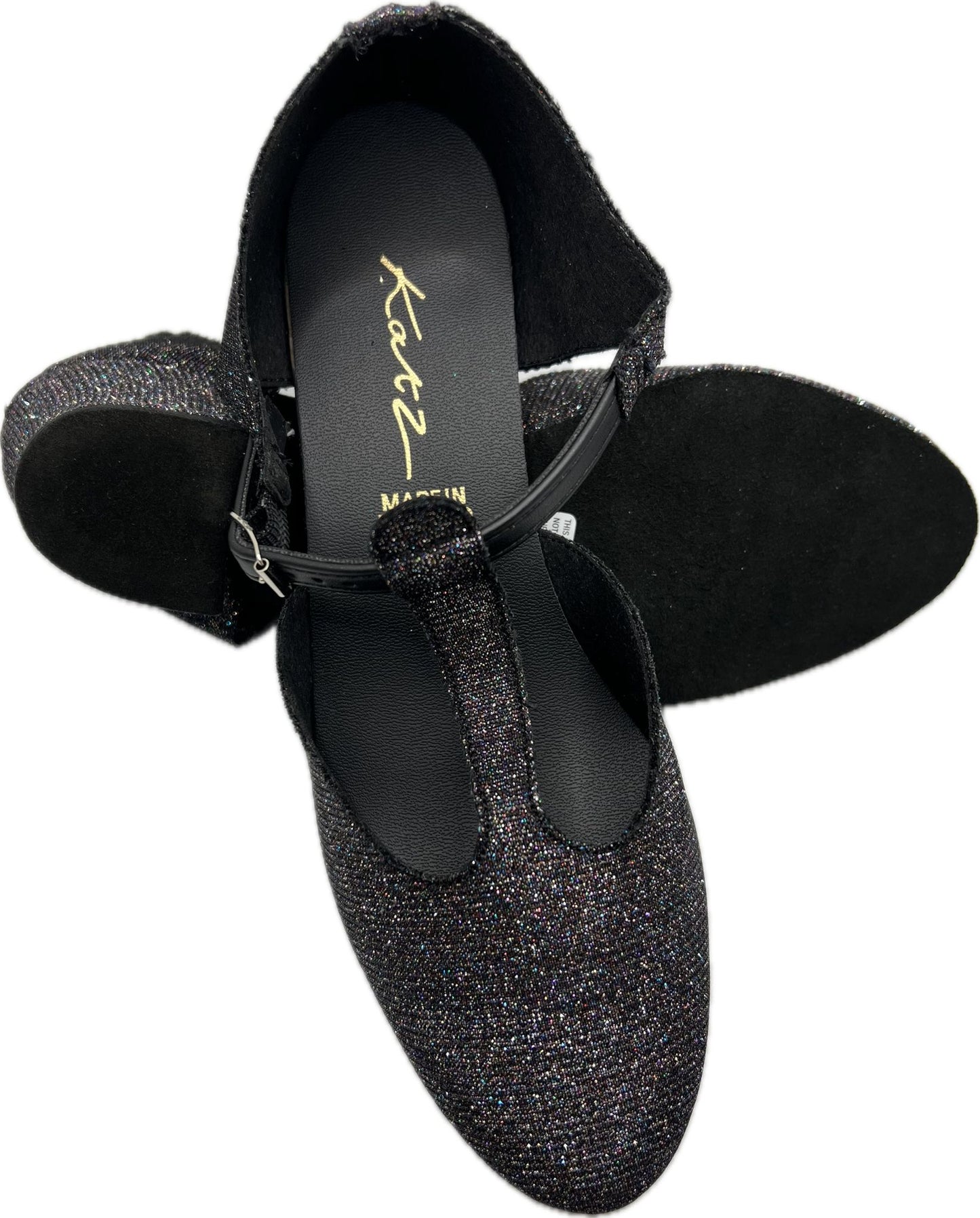 Black Multi Glitter Greek Dance Sandals Teaching Shoes Cuban Heel With Pu Strap (30% DISCOUNT END OF LINE SALE)