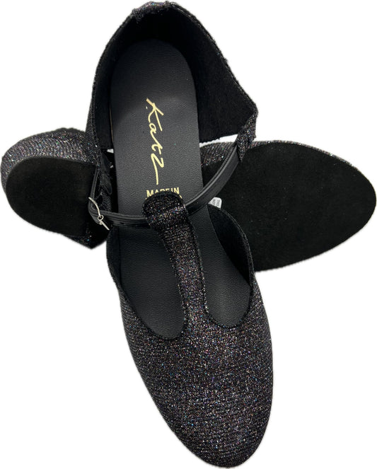 Black Multi Glitter Greek Dance Sandals Teaching Shoes Cuban Heel With Pu Strap (30% DISCOUNT END OF LINE SALE)