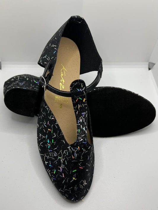 Black Confetti Glitter Greek Dance Sandals Teaching Shoes Cuban Heel