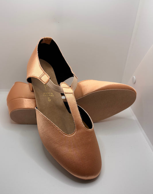 Tan Satin Greek Dance Sandals Teaching Shoes Low Heel