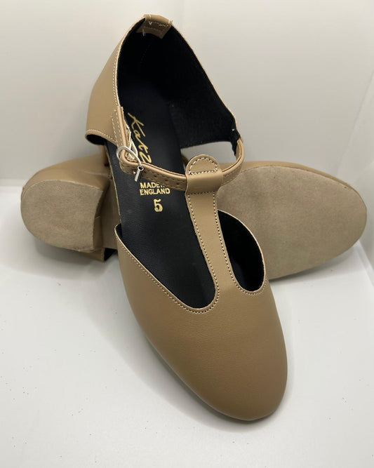 Tan PU Greek Dance Sandals Teaching Shoes Low Heel With Strap and Buckle