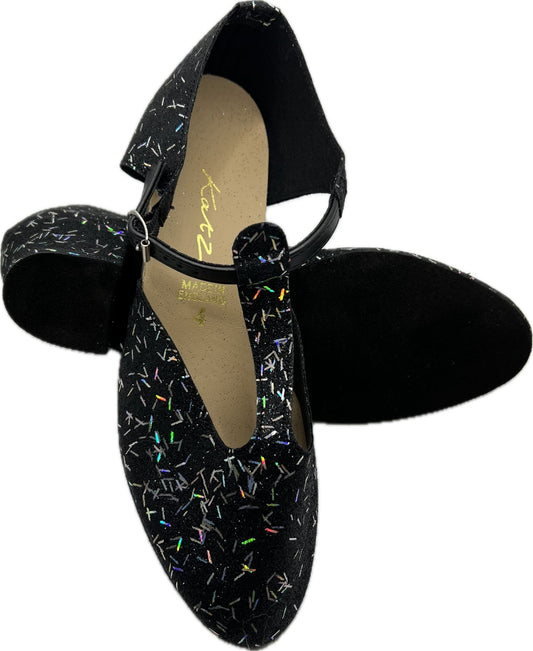 Black Confetti Glitter Greek Dance Sandals Teaching Shoes Cuban Heel