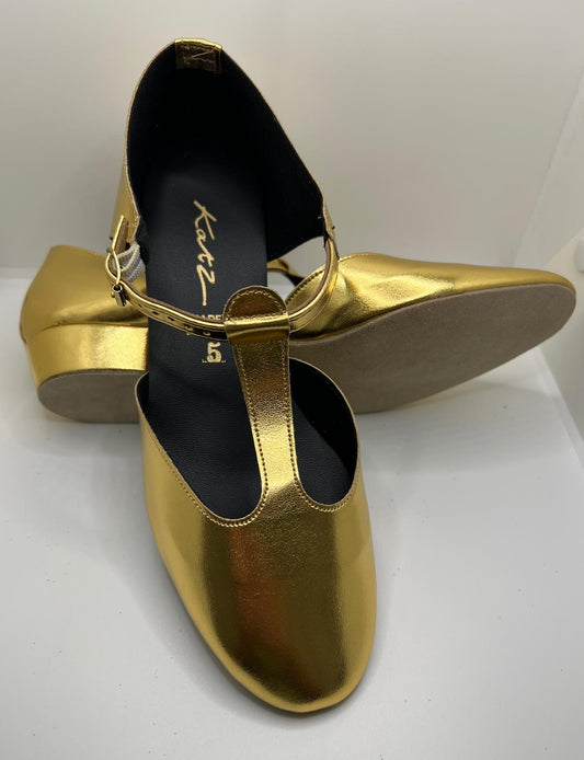 Gold Metallic PU Greek Dance Sandals Teaching Shoes Low Heel With Strap and Buckle
