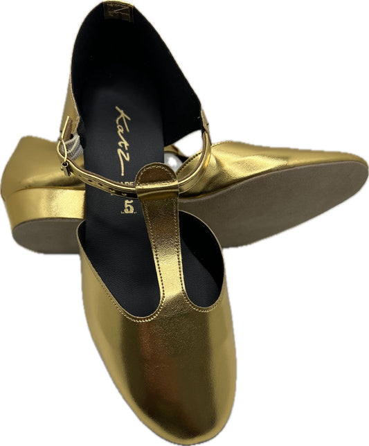 Gold Metallic PU Greek Dance Sandals Teaching Shoes Low Heel With Strap and Buckle  (30% DISCOUNT END OF LINE SALE)