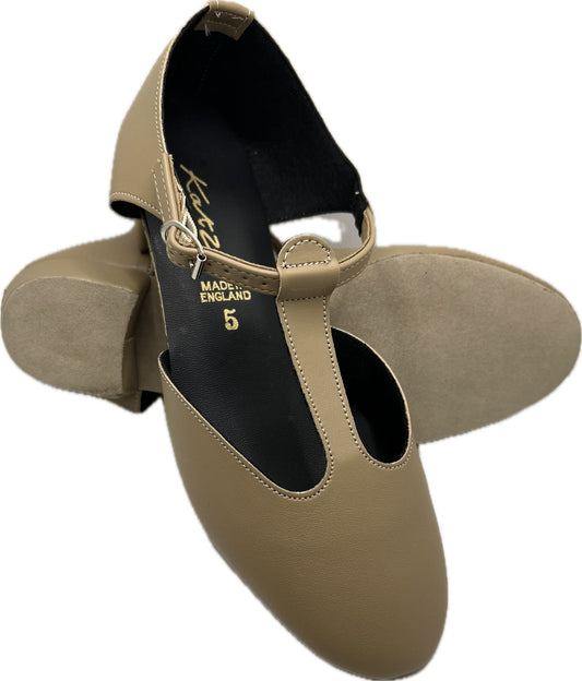 Tan PU Greek Dance Sandals Teaching Shoes Low Heel With Strap and Buckle