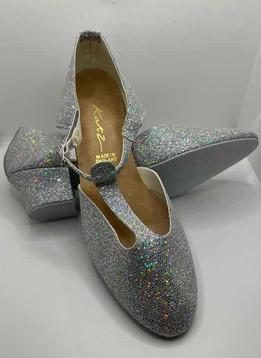 Silver Glitter Greek Dance Sandals Teaching Shoes Cuban Heel