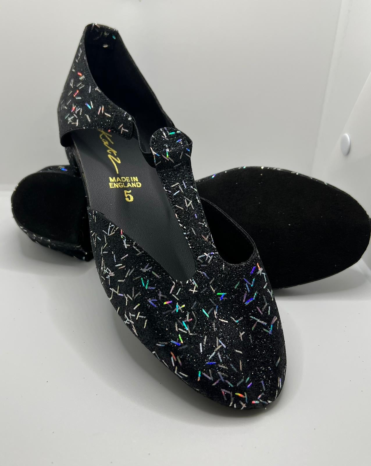 Black Confetti Glitter Greek Dance Sandals Teaching Shoes Low Heel