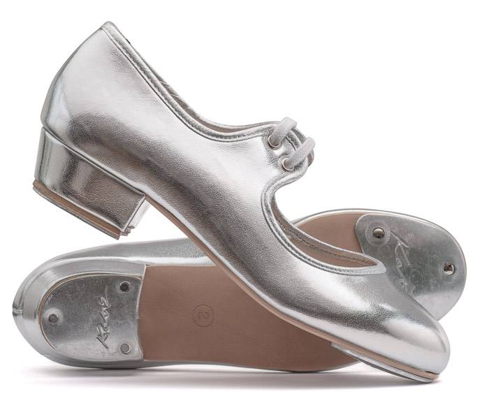 Girls Ladies Silver PU Low Heel Tap 